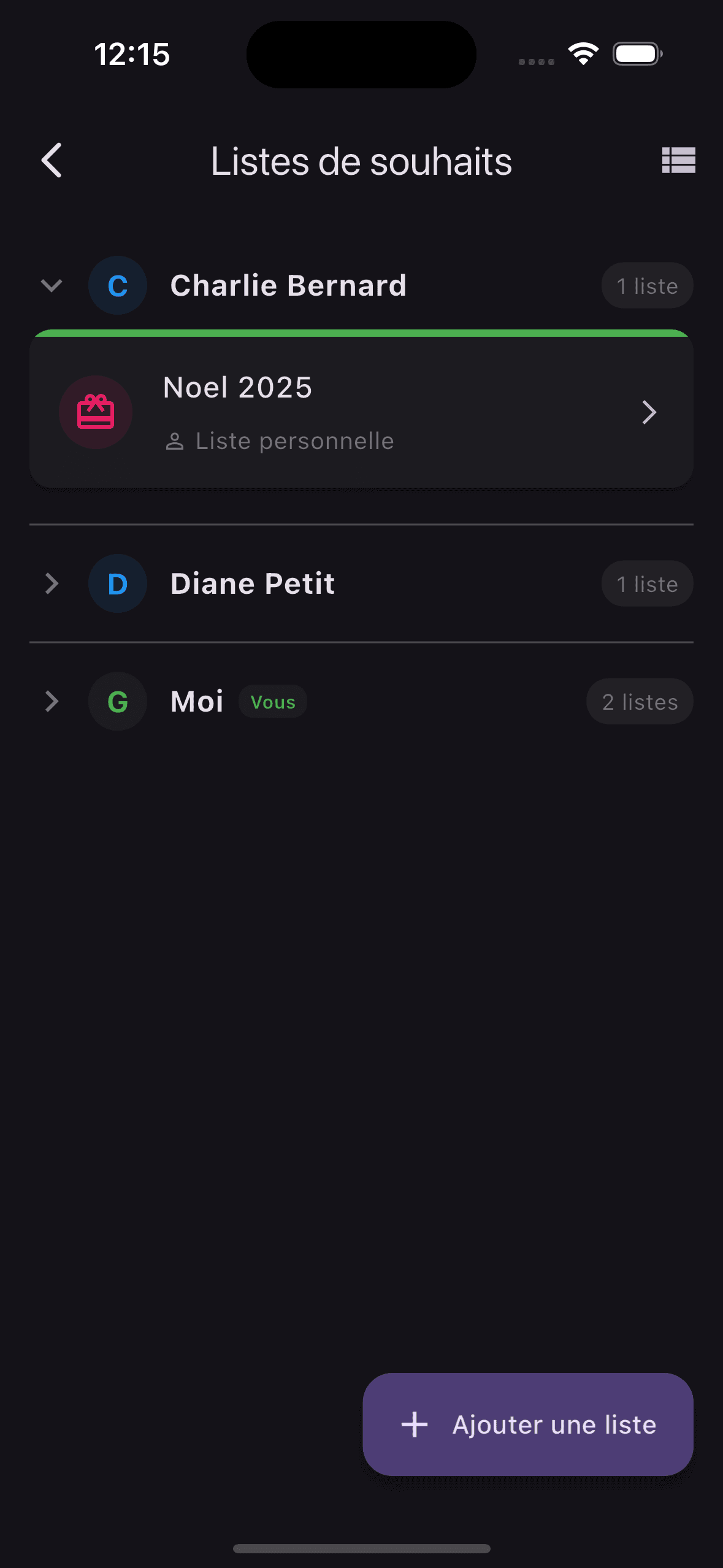 Liste de souhaits avec articles
